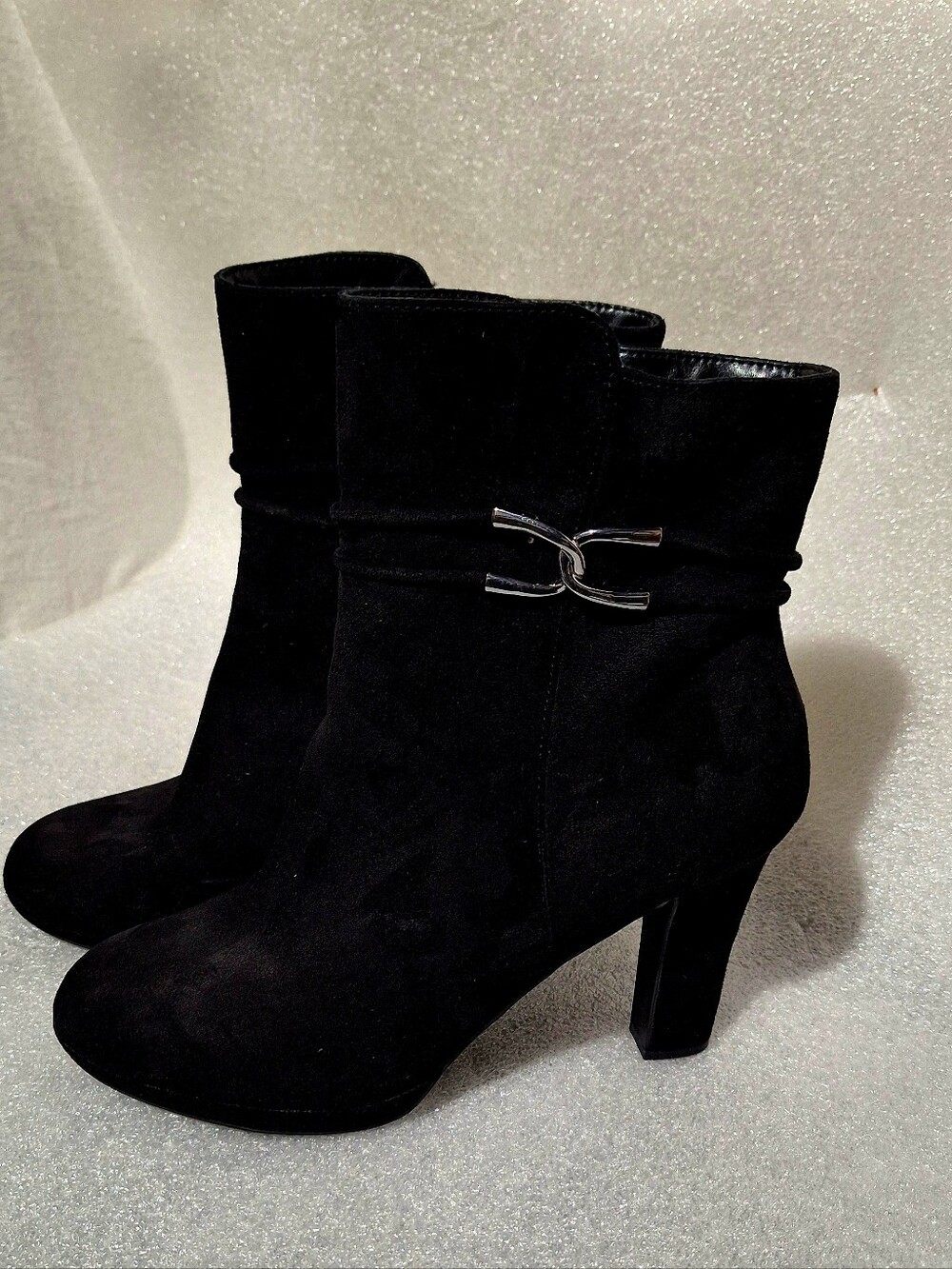 Black Suede Ankle Boots with Silver Accent